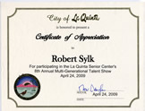 Certificate of Appreciation from the City of La Quinta