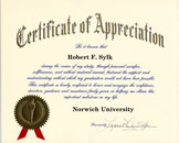 Certificate of Appreciation from Norwich University